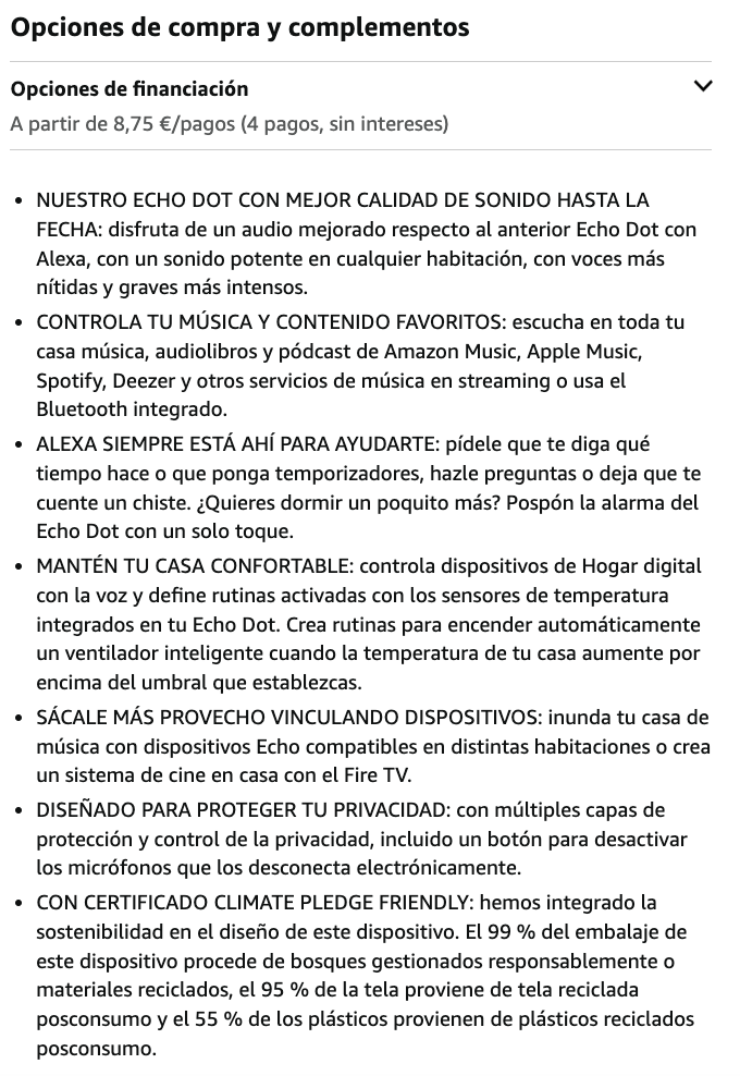 Amazon aplica copywriting a las fichas producto para ofrecer buenas descripciones.
